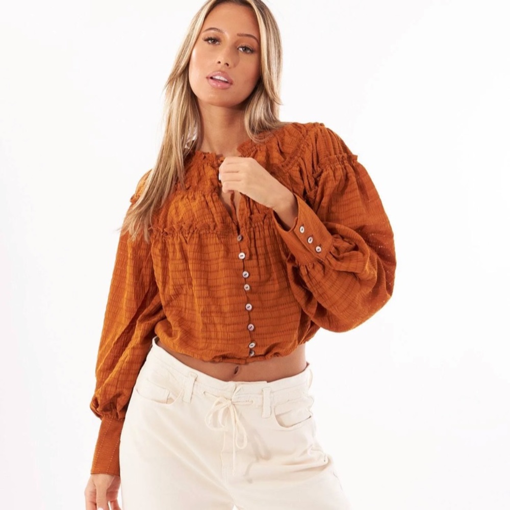 Free People Hailey Cotton Shadow- Striped Crop Top - Glazed Ginger L
